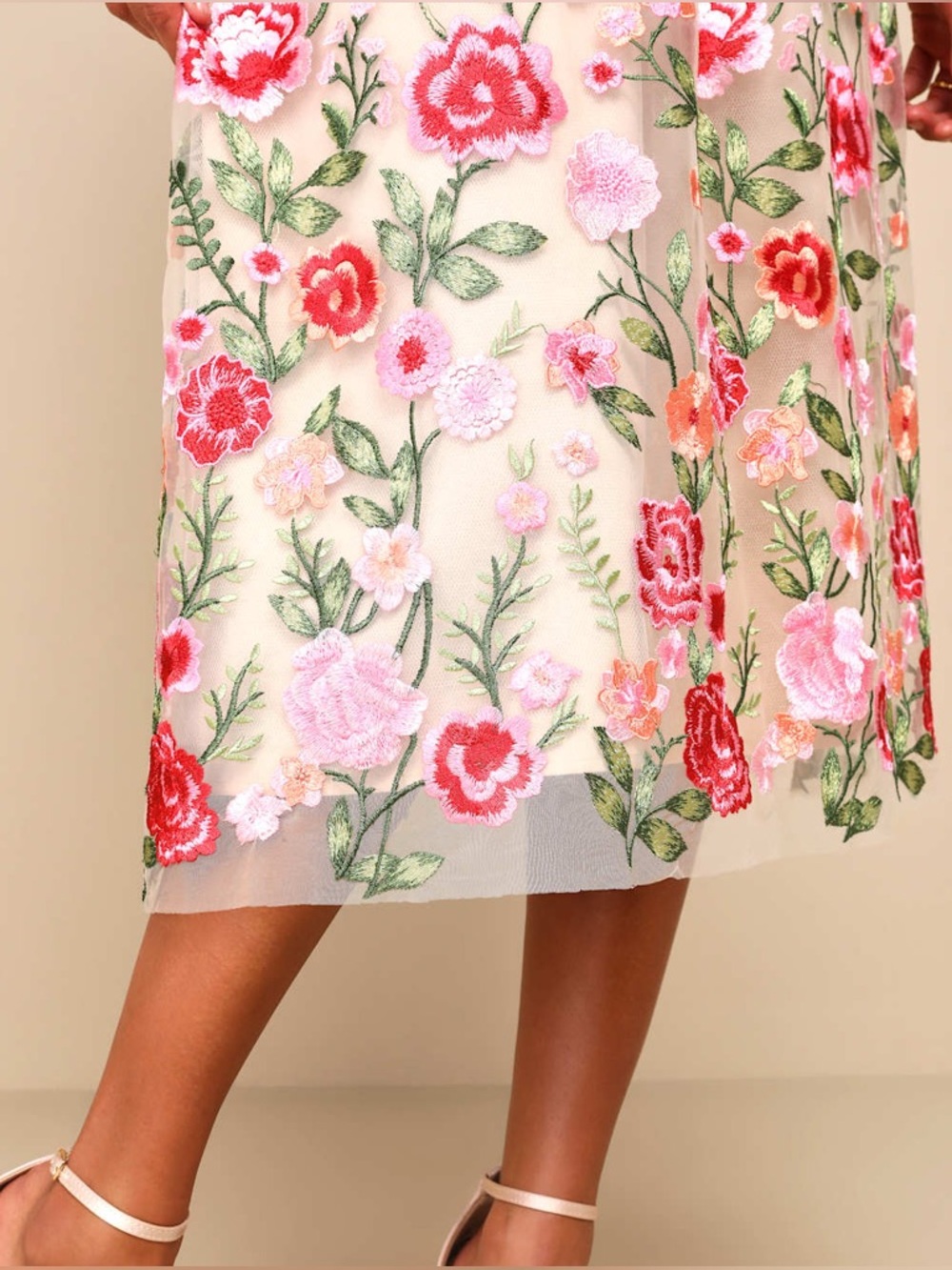 Lulu's Cream Strapless Midi Dress with Pink & Green Floral Embroidery - Picture 3 of 5